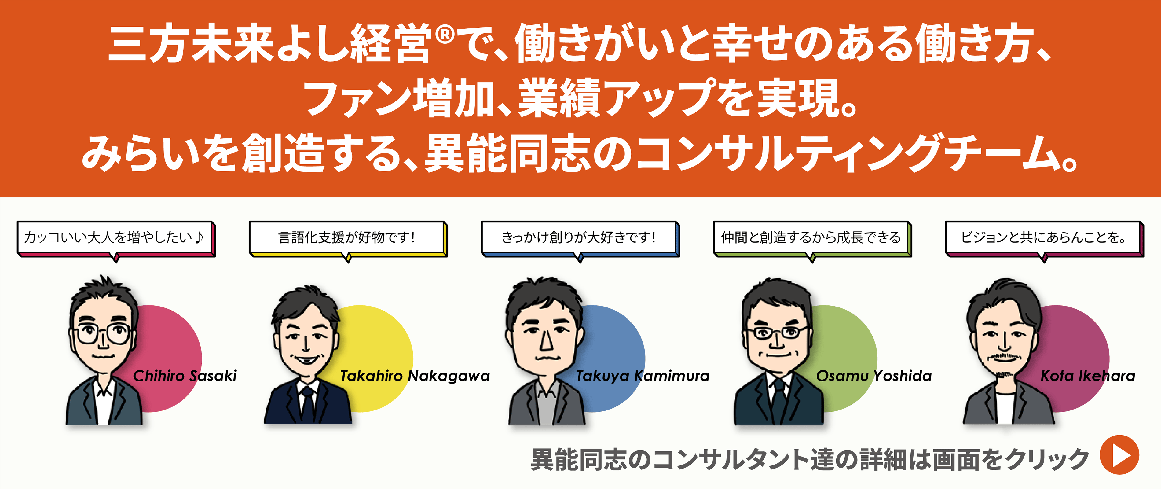 三方未来よし経営で、働きがいと幸せのある働き方、ファン増加、業績アップを実現。みらいを創造する、異能同志のコンサルティングチーム。コンサルタント一覧へ